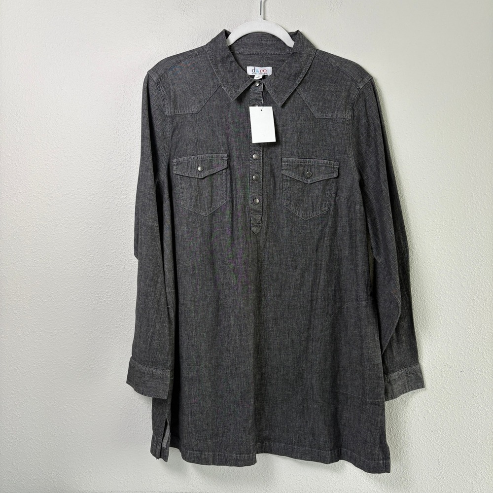 Denim & Co Tunic Top Womens L Black Stretch Button Henley Shirt Pockets Western